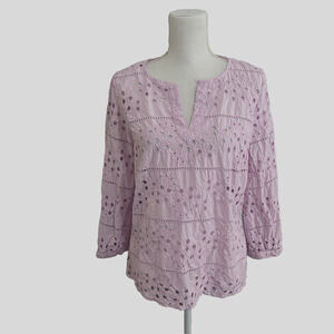 Chicos Eyelet Blouse Womens Sz 2 US 12 Lavender Blush Floral Boho Peasant Casual